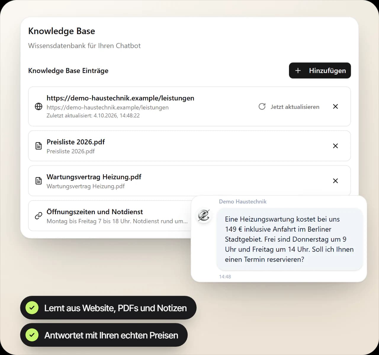 Wissensbasis eines Chat Agents im EchoHub mit Leistungsseite, Preisliste, Wartungsvertrag und Öffnungszeiten, daneben die Antwort im Chat mit dem Preis von 149 Euro und zwei freien Terminen