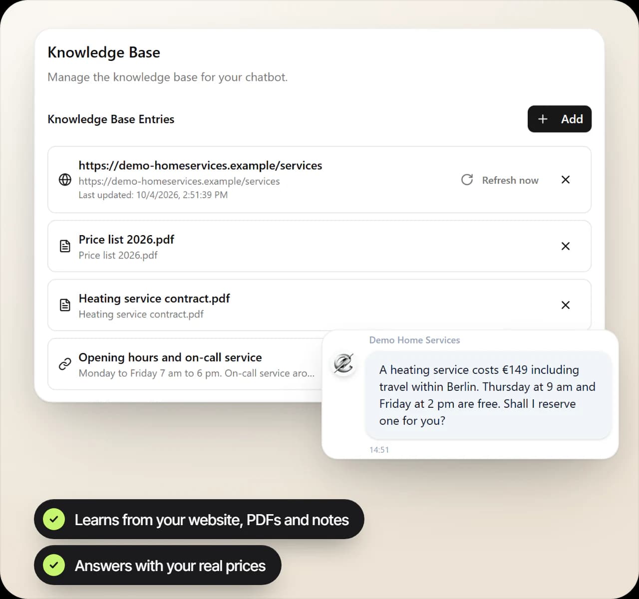 Knowledge base of a chat agent in EchoHub with a services page, price list, service contract and opening hours, next to the chat answer with the price of 149 euros and two open slots