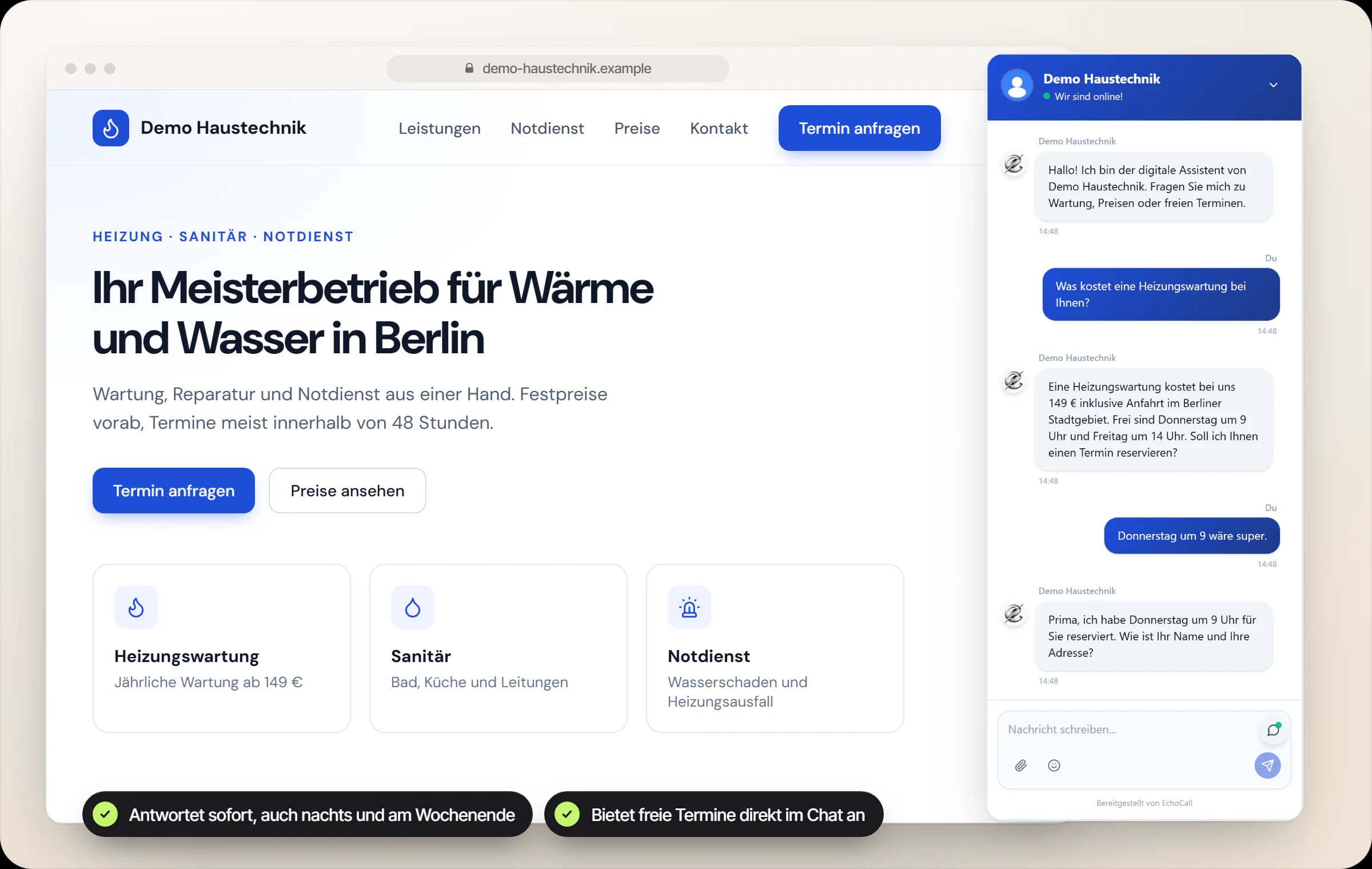 KI Chat Agent in EchoHub, Ansicht mit Demodaten