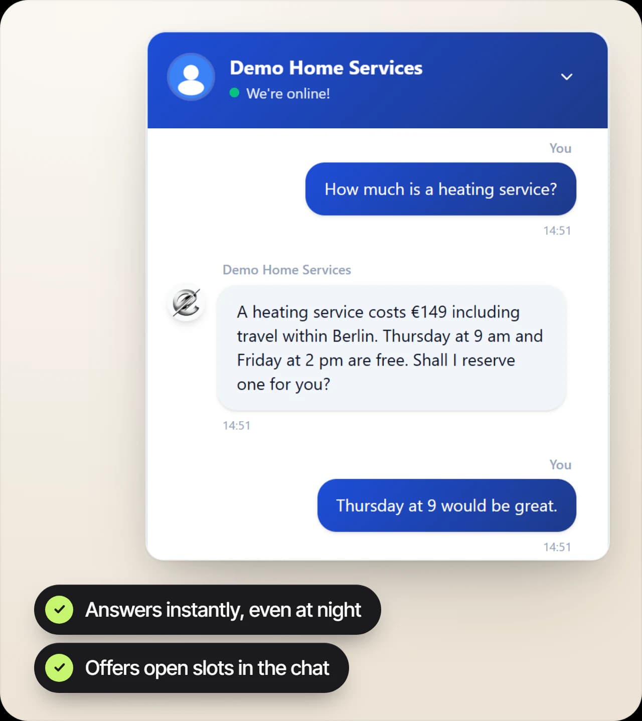 Website of a demo heating company with the chat widget open: the chat agent quotes the price of a boiler service, offers open slots and books Thursday at 9 am
