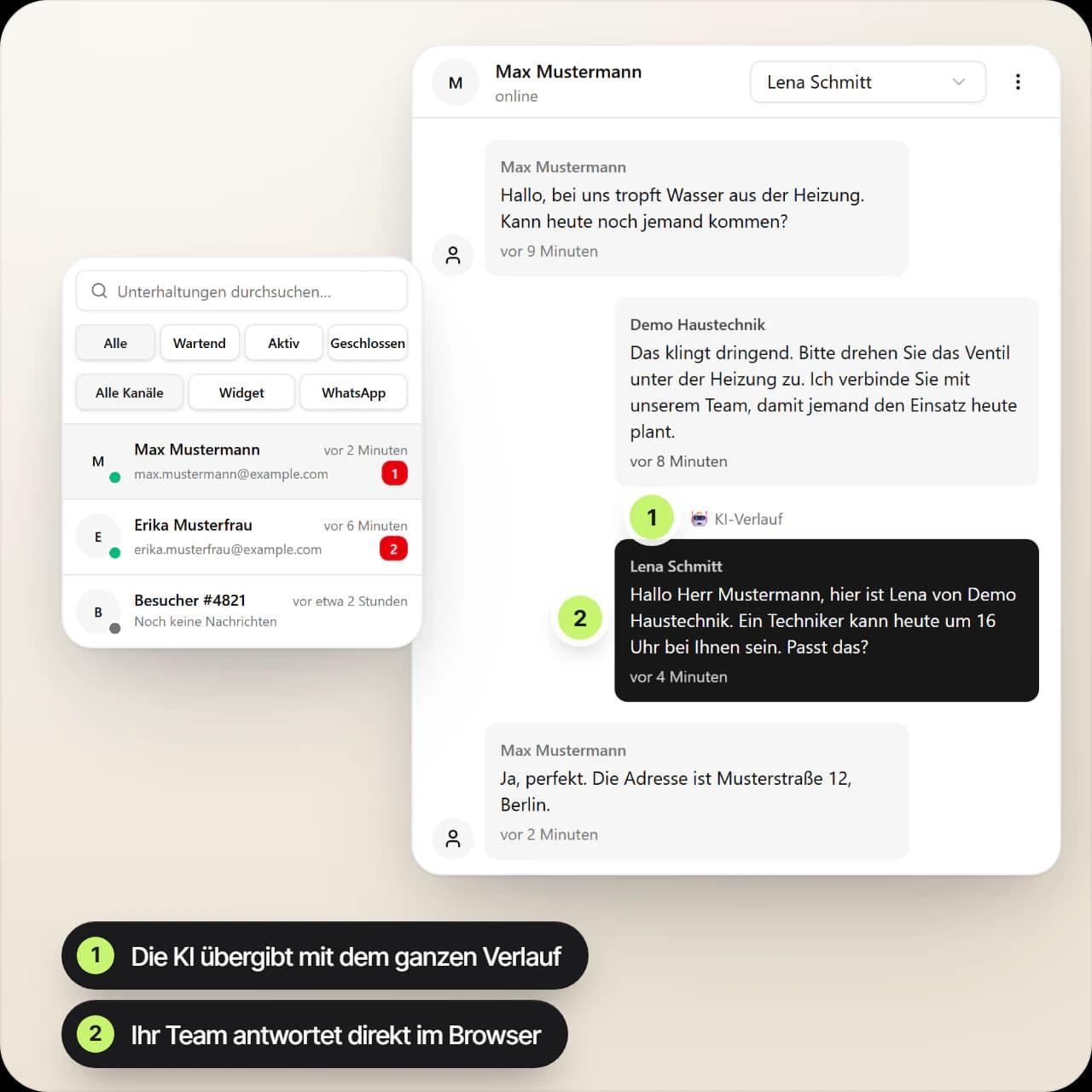 Live-Inbox im EchoHub: Der Chat Agent übergibt einen dringenden Wasserschaden mit dem ganzen Verlauf an eine Mitarbeiterin, die direkt im Browser antwortet und einen Techniker für 16 Uhr ankündigt