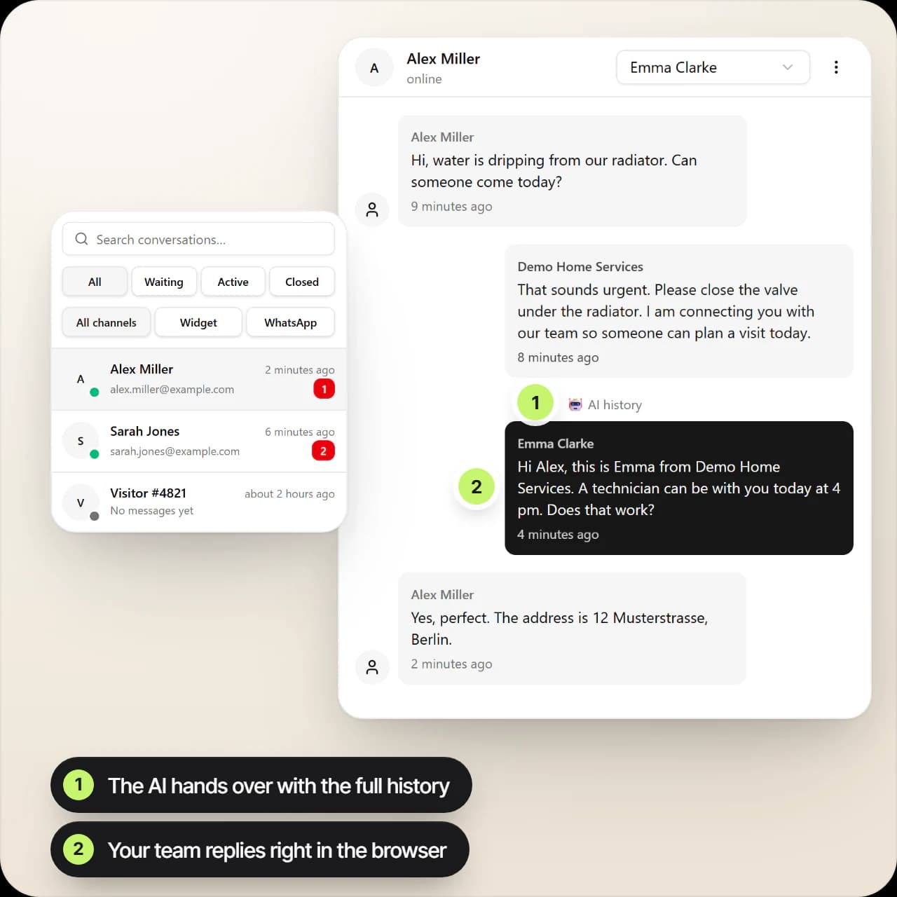 Live inbox in EchoHub: the chat agent hands an urgent water leak over to a team member with the full history, and she replies right in the browser with a technician at 4 pm