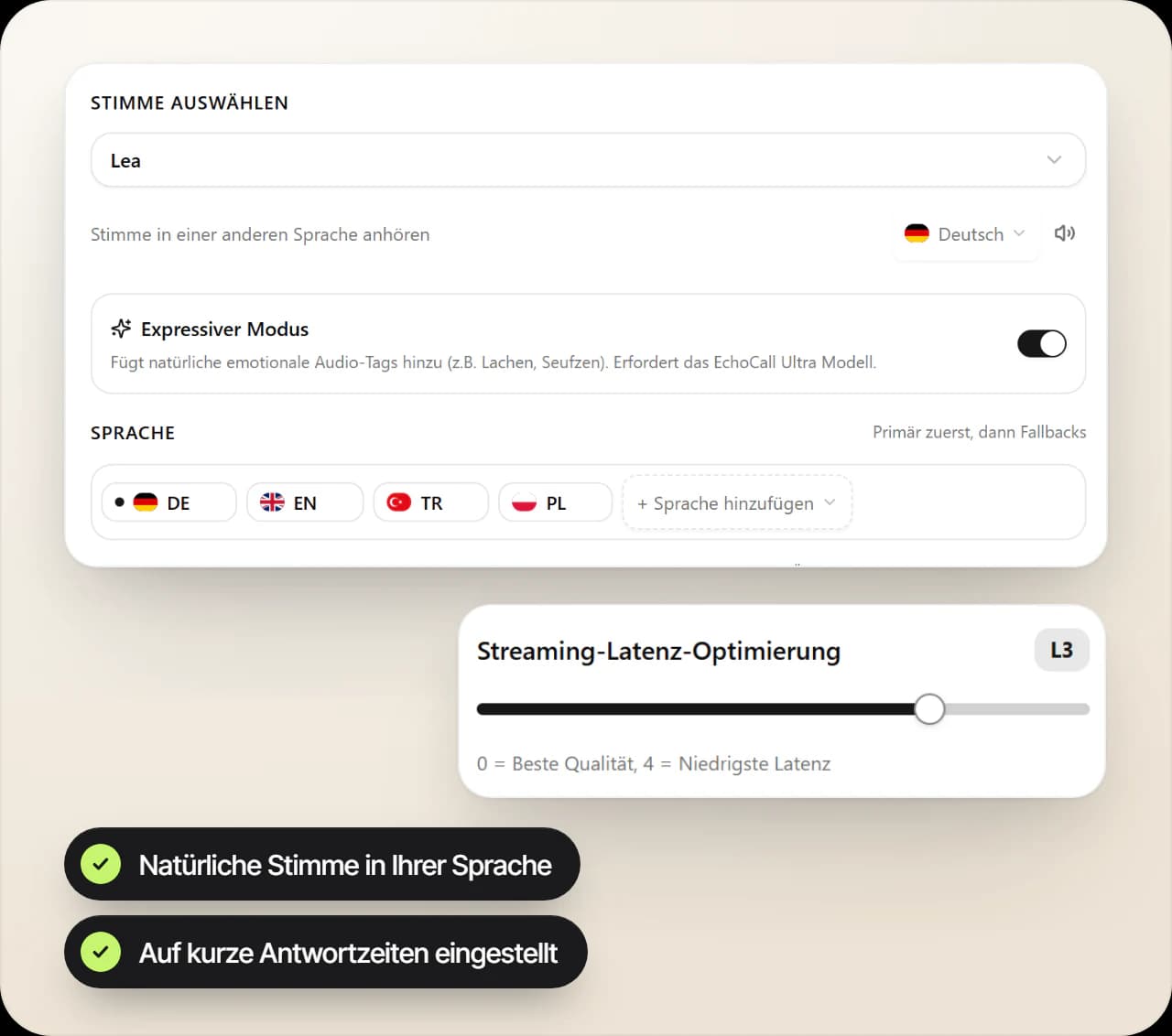 Stimmeinstellungen eines Voice Agents im EchoHub: Stimme Lea, expressiver Modus, Deutsch, Englisch, Türkisch und Polnisch als Sprachen und der Regler für die Streaming-Latenz auf Stufe 3