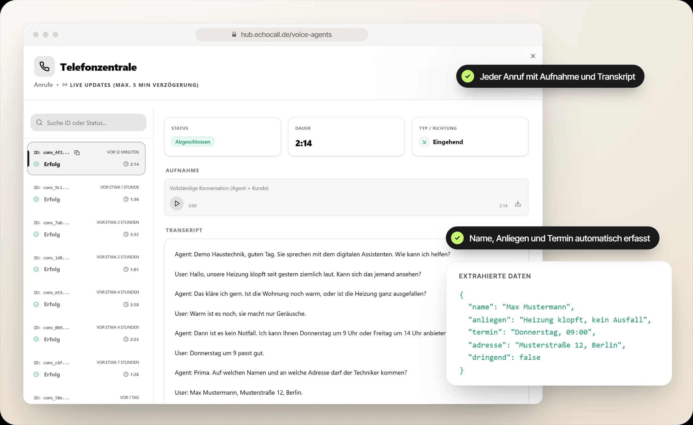KI Voice Agent in EchoHub, Ansicht mit Demodaten