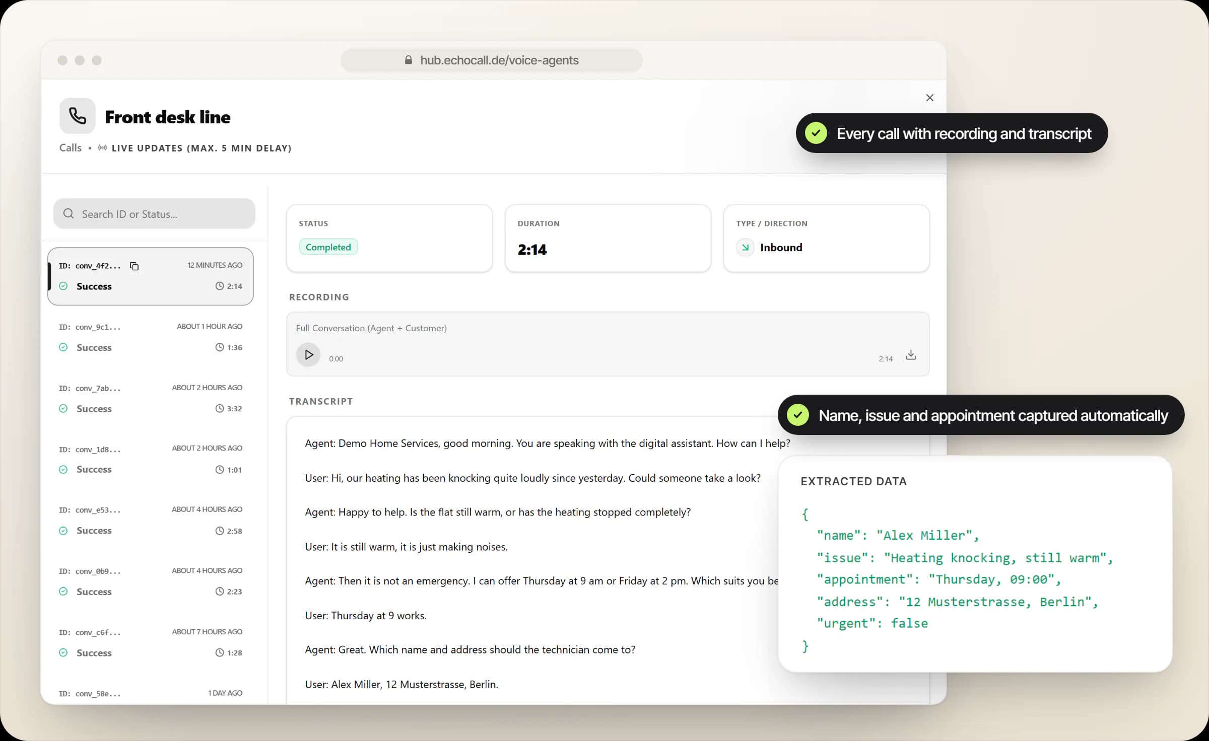 AI Voice Agent in EchoHub, shown with demo data