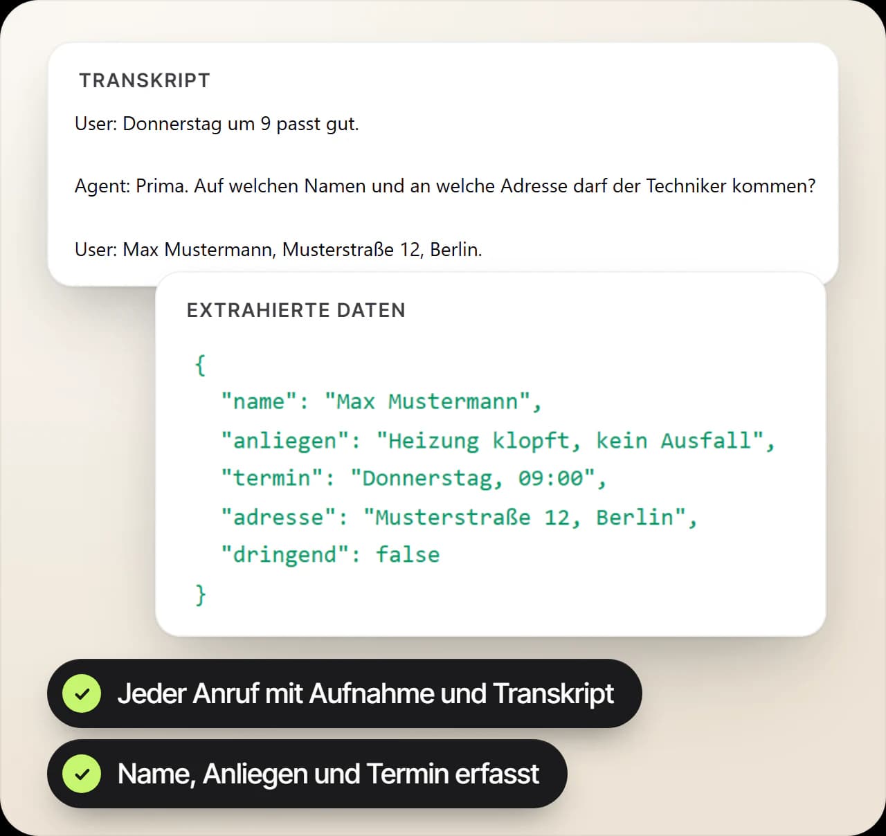 Anrufdetails im EchoHub mit Demodaten: Status, Dauer, Aufnahme und Transkript eines Anrufs bei einem Heizungsbetrieb, daneben die automatisch erfassten Daten mit Name, Anliegen, Termin und Adresse