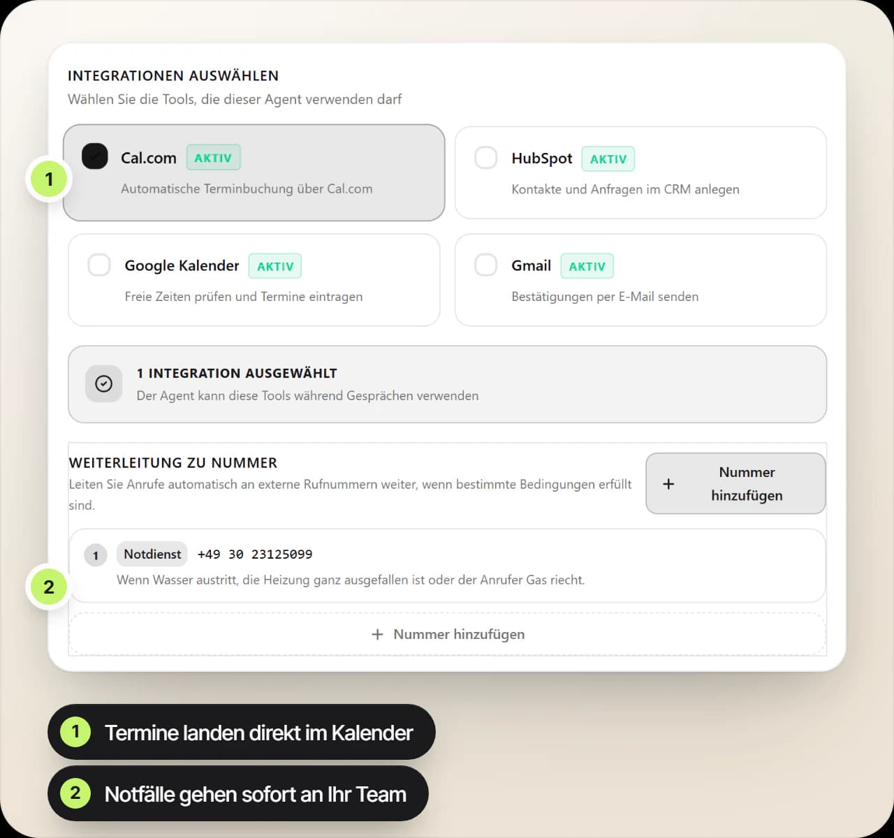 Tool-Auswahl eines Voice Agents im EchoHub: Terminbuchung über Cal.com ist aktiv, dazu eine Weiterleitung an die Notdienstnummer, wenn Wasser austritt, die Heizung ausfällt oder der Anrufer Gas riecht