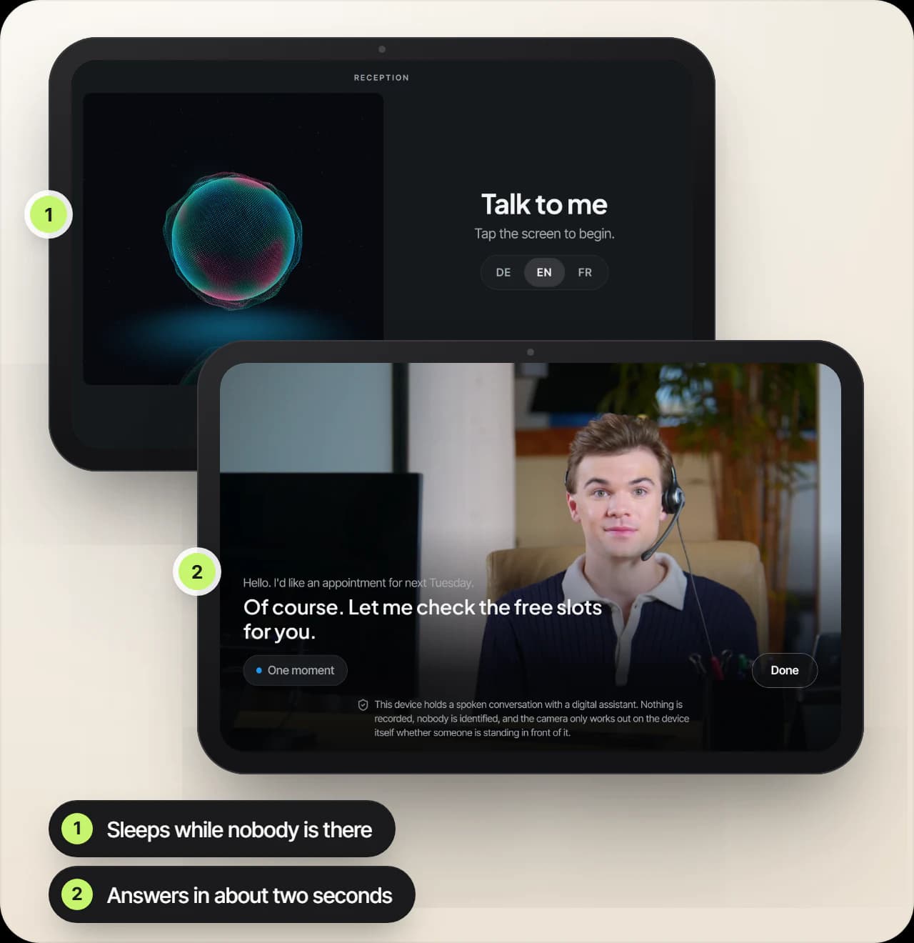 Two states of the Presence tablet: asleep with the prompt “Talk to me”, and in a conversation with a face and live captions