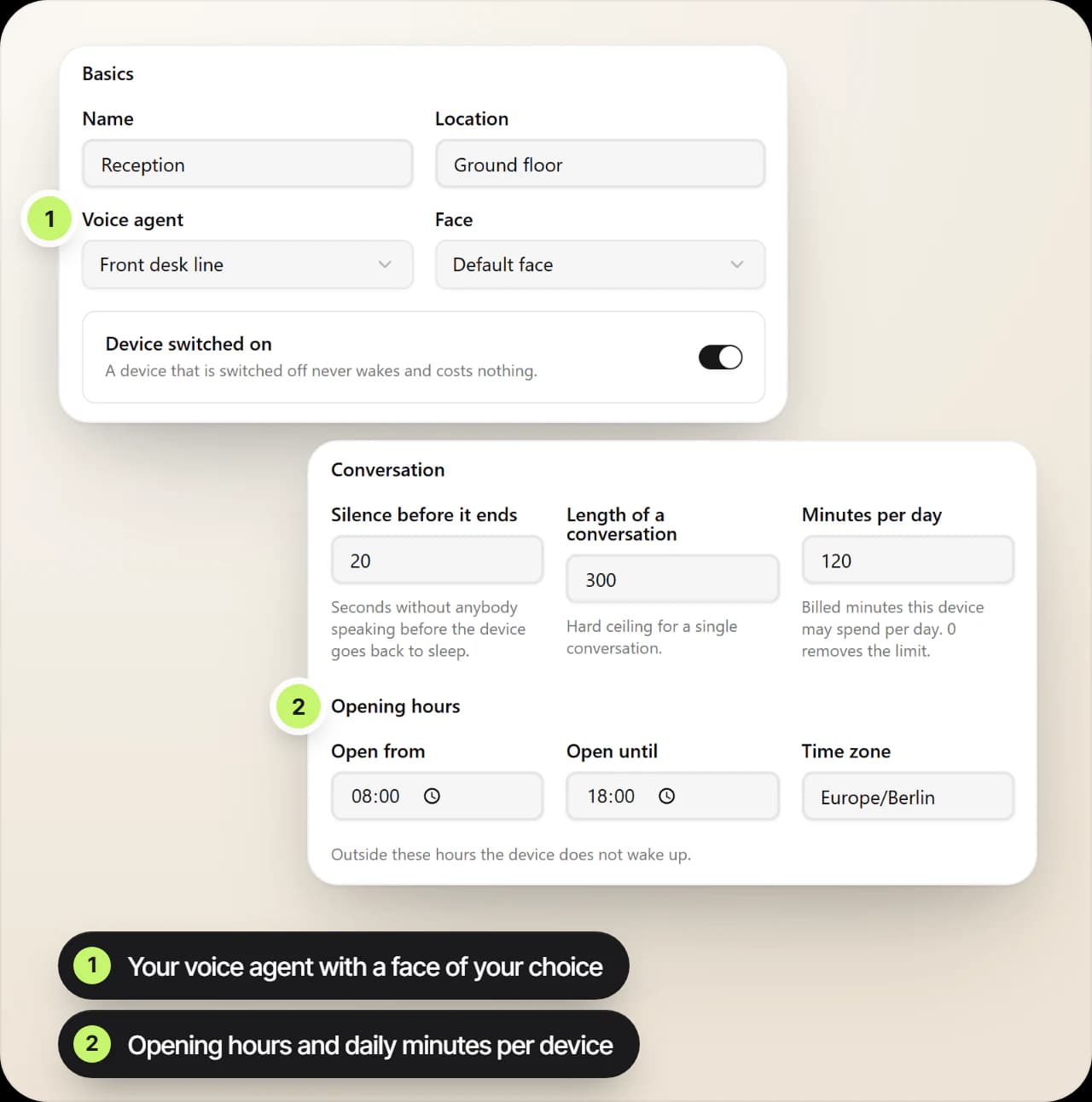 Presence device settings in EchoHub: name and location, voice agent and face, silence before it ends, length of a conversation, minutes per day and opening hours with time zone