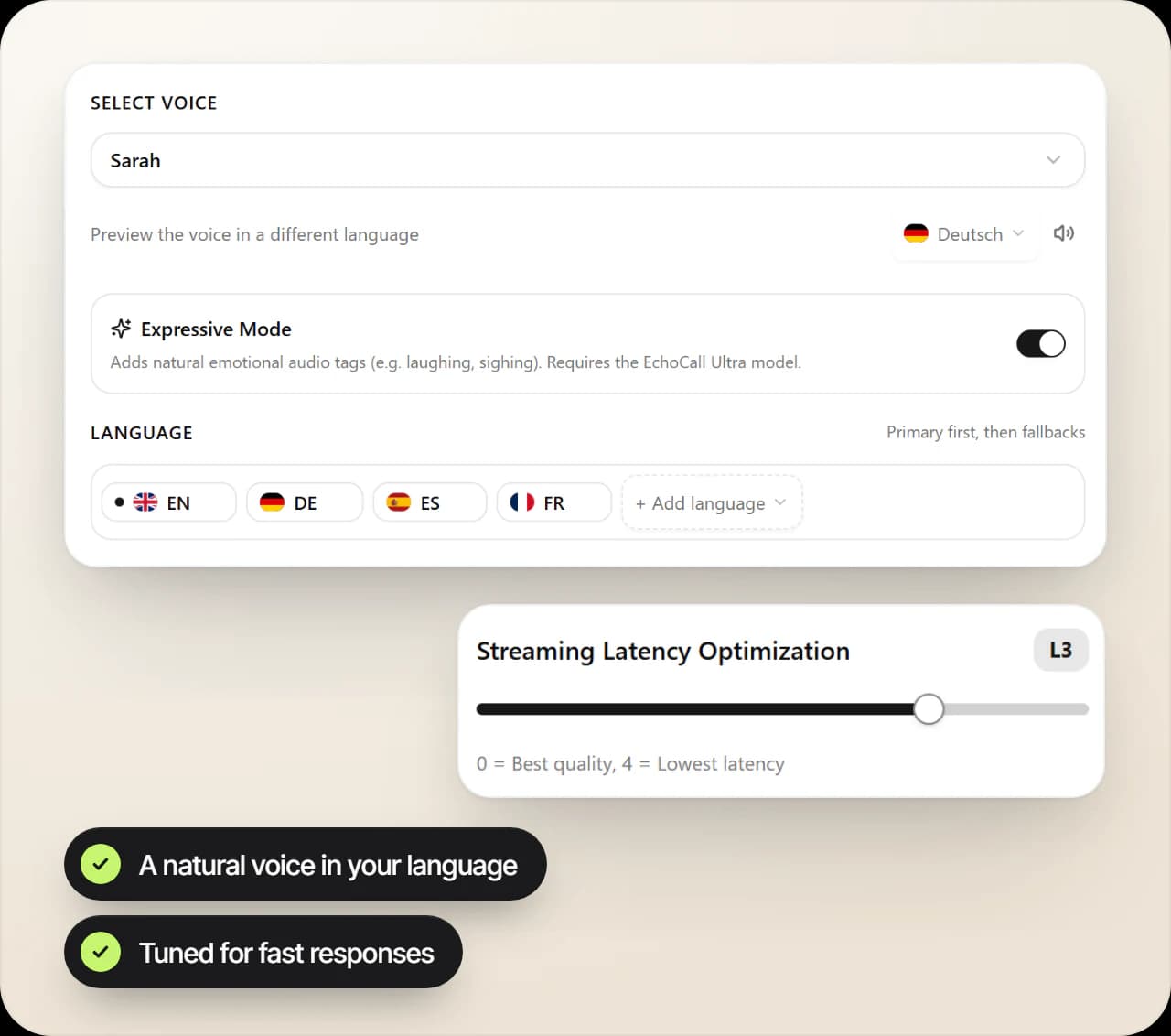 Voice settings of a voice agent in EchoHub: the voice Sarah, expressive mode, English, German, Spanish and French as languages, and the streaming latency slider at level 3