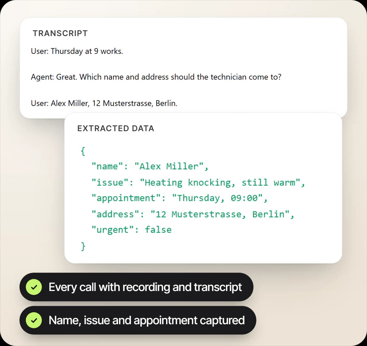 Call details in EchoHub with demo data: status, duration, recording and transcript of a call to a heating company, next to the automatically captured name, issue, appointment and address