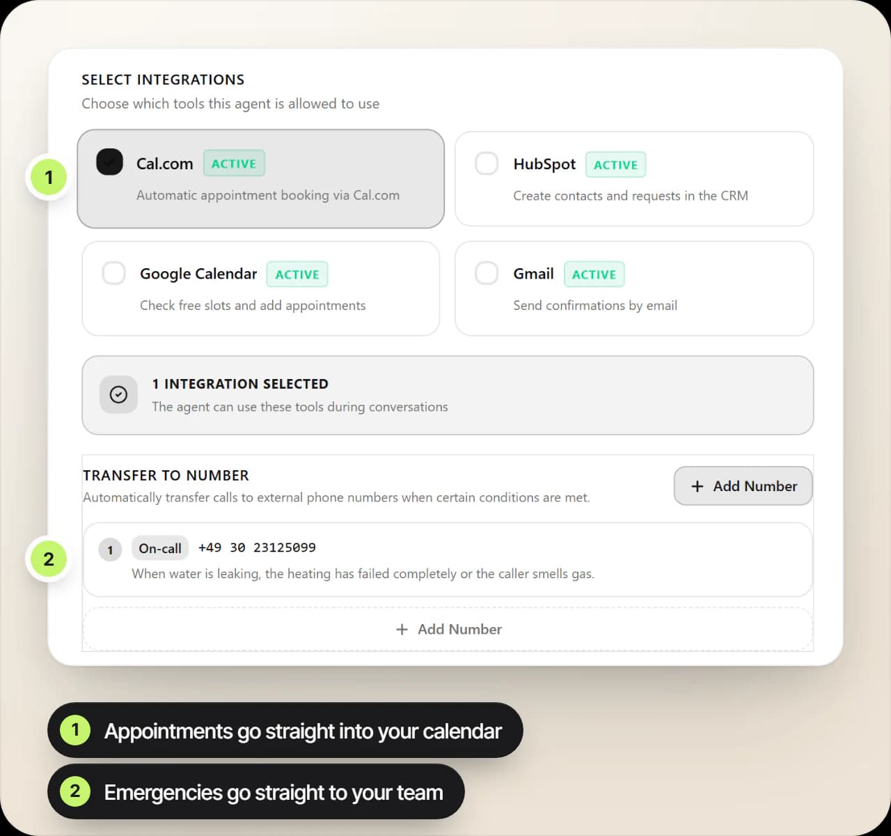 Tool selection of a voice agent in EchoHub: appointment booking via Cal.com is switched on, plus a transfer to the emergency number for water leaks, a failed heating system or a smell of gas